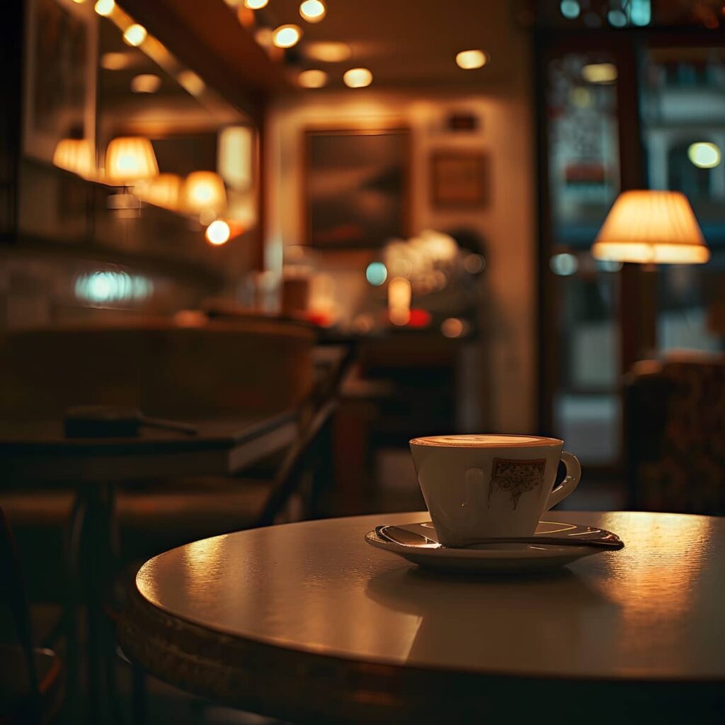 Coffee cup sitting on table in dark restaurant